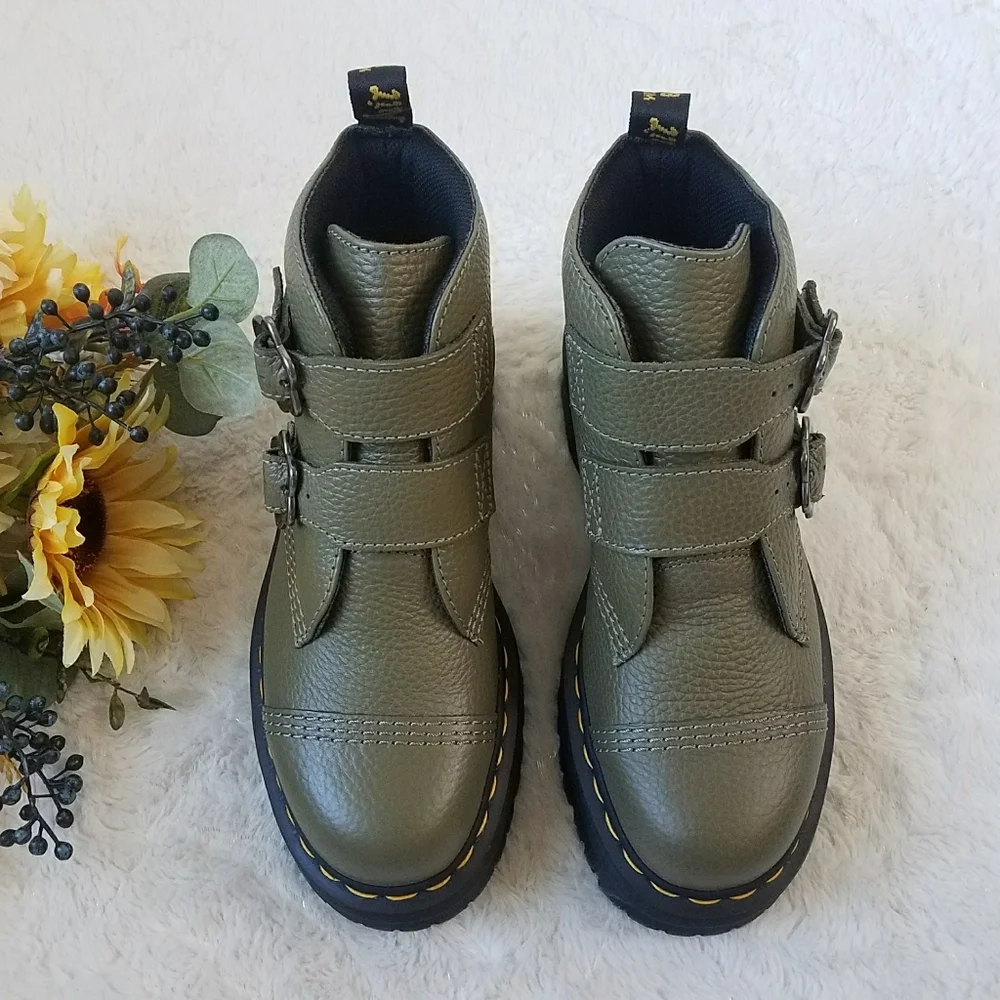 Dr. Martens Devon Flower Buckle Platform Boots in Khaki Green - Picture 5 of 8